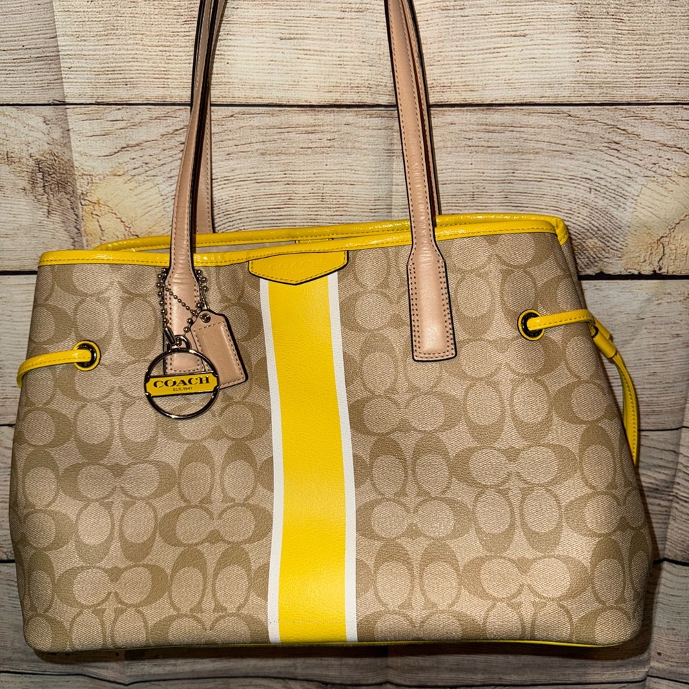 Coach Beige and Yellow Signature Drawstring Tote